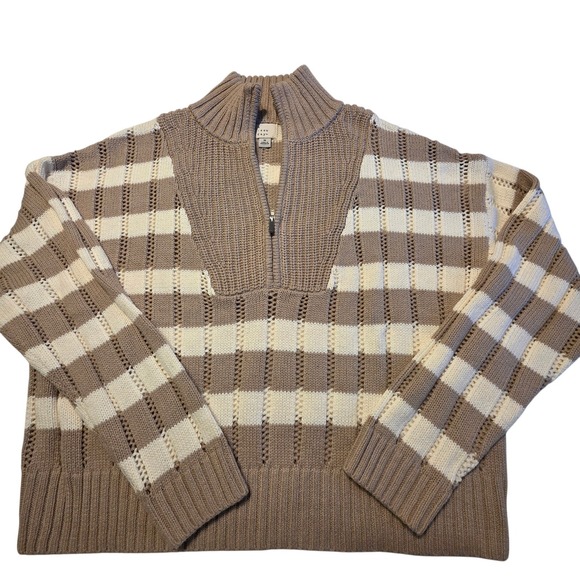 a new day Sweaters - A New Day Quarter Zip Sweater Women Medium Tan Cream Excellent Striped Pointelle